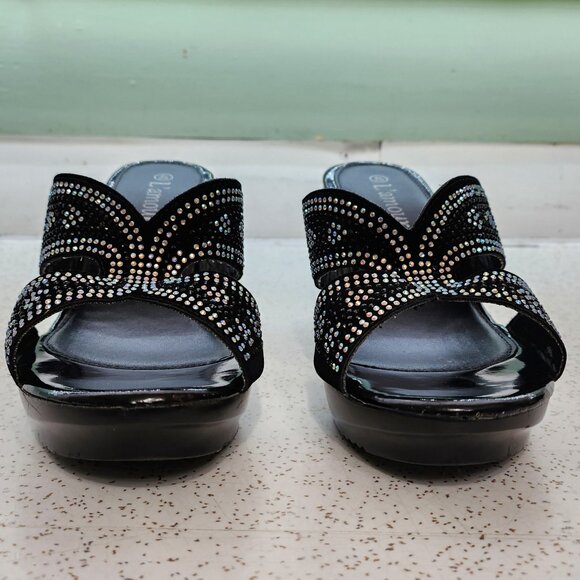 Black Rhinestone Wedge Sandals - Picture 4 of 11